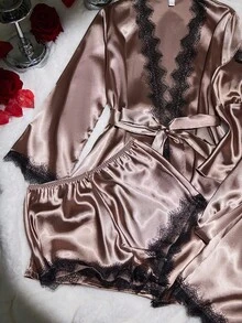SilkySpell 4件套女士性感蕾丝吊带睡衣套装，蕾丝边短裤，长裤，优雅缎面腰带睡袍，四季皆宜的缎面睡衣套装，缎面睡袍套装，缎面内衣套装，睡衣套装，秋冬服装 - 棕色 - 查看 3