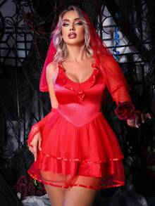 SHEIN 4件套女式性感泡泡袖吊带连衣裙万圣节服装套装 - 紅色 - 查看 3