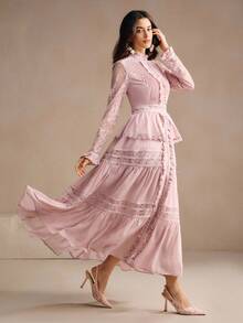 Anewsta Elegant Stand Collar Ruffled Lace Patchwork Romantic Pleated Slim Fit Dress, Suitable For Festival, Wedding Guest, Autumn, Fall, Winter, Going Out, Elegant, Formal, Chic, New Year, Christmas, Work, Graduation, Wedding