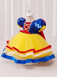 Glamorique Kids Váy công chúa vải tuyn cho bé gái, váy dự tiệc sinh nhật, váy tutu tay bồng viền vàng satin xanh navy cho bé gái, váy dễ thương cho biểu diễn sân khấu - Màu vàng - Xem 4