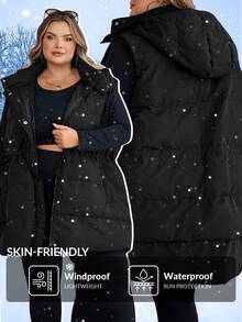 SHEIN CURVE+ Áo khoác mùa đông có mũ trùm đầu màu trơn cỡ lớn, tay dài dày dặn, áo khoác mùa đông/Mùa thu/Mùa đông - màu đen - Xem 1