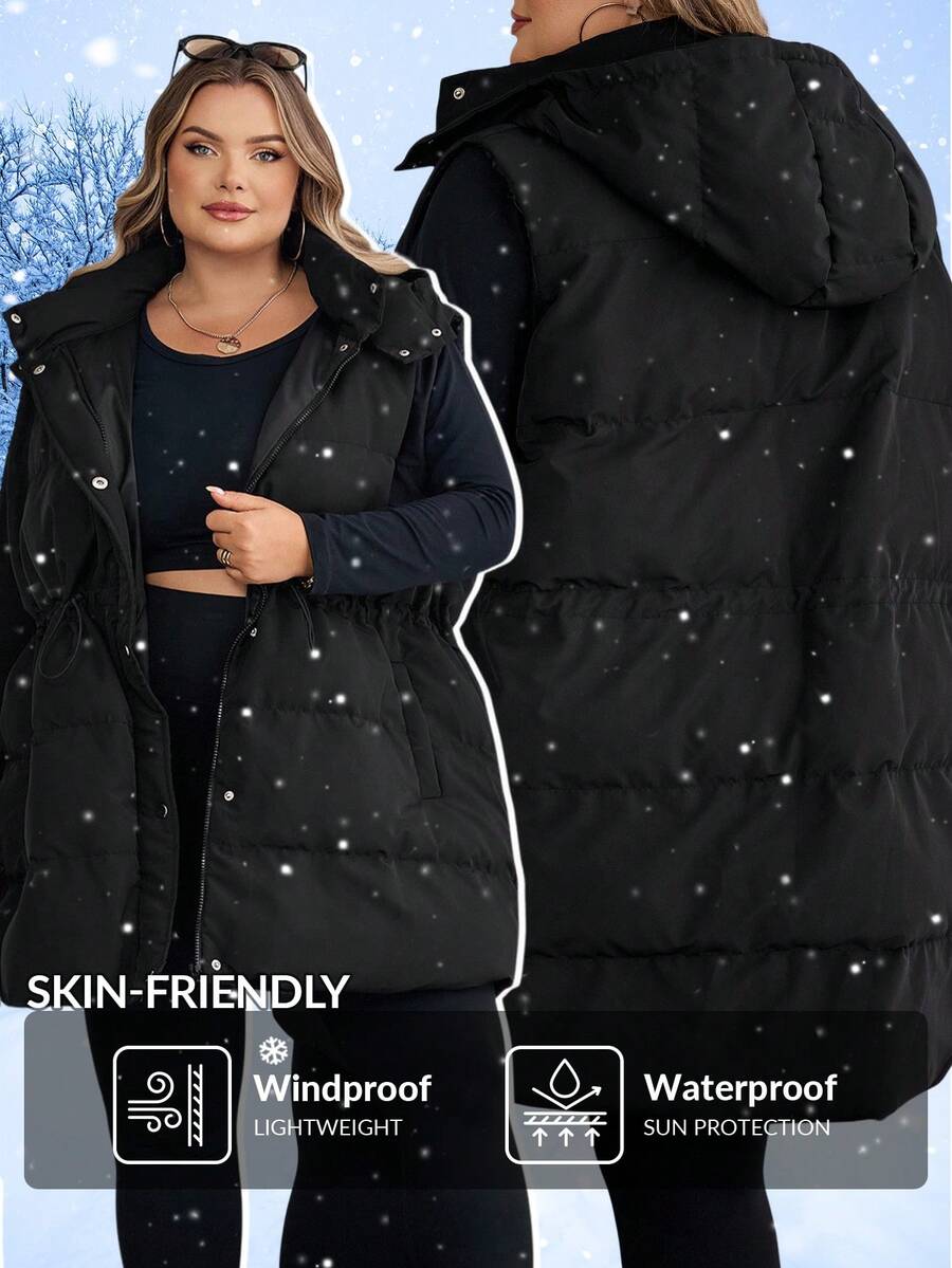 SHEIN CURVE+ Áo khoác mùa đông có mũ trùm đầu màu trơn cỡ lớn, tay dài dày dặn, áo khoác mùa đông/Mùa thu/Mùa đông - màu đen - Xem 1