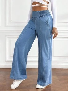 Flexra 女式宽松高腰阔腿休闲牛仔裤 - 藍色 - 查看 3
