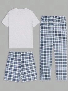 EURMUSE Bộ đồ mặc nhà cottonline kẻ caro in họa tiết 3 món thường ngày cho nam và quần đùi - Xám - Xem 2