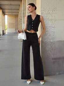 CLARA VERO Conjunto de 2 piezas de chaleco de punto con botones delanteros y pantalones de punto de unicolor para mujer, ropa de invierno, otoño - Negro - Ver 3