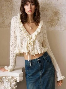 INAWLY Women's Mesh Lace Trim Tie Neck & Cuff Short Frill Trim Cardigan Sweater Fall Winter Cloth For Women - Apricot - View 7