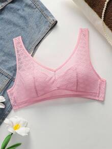 PetitDoll 女士纯色甜心领刺绣蕾丝文胸 - 粉色 - 查看 6