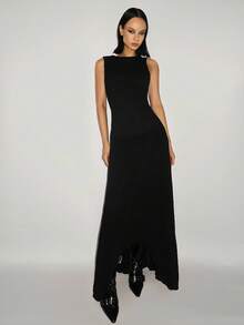 SHEIN ICON Váy hở lưng bằng vải voan lưới xẻ tà màu đen thanh lịch dành cho nữ - màu đen - Xem 3