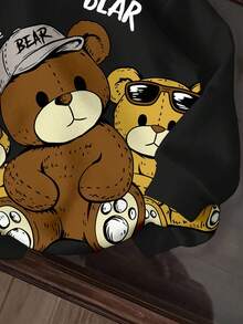 SHEIN 黑色男婴休闲宽松舒适卡通熊图案柔软针织卫衣，适合秋冬季穿着