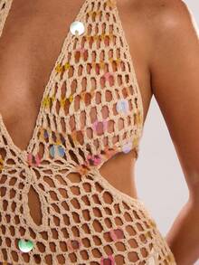 SHEIN BAE Váy len hở vai gợi cảm đính sequin khoét sâu dành cho nữ vào mùa thu/đông - Màu be - Xem 8