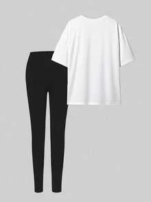 SHEIN Bộ 2 món áo thun tay ngắn in họa tiết hoa và cún con sáng tạo thường ngày dành cho nữ, trang phục mùa thu - Nhiều màu - Xem 3