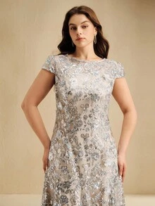Anewsta Váy ngắn tay sequin lưới họa tiết hoa thanh lịch màu sâm panh, thích hợp mặc dự tiệc, hẹn hò, đi nghỉ dưỡng, trang phục xuân/hè - Bạc - Xem 4