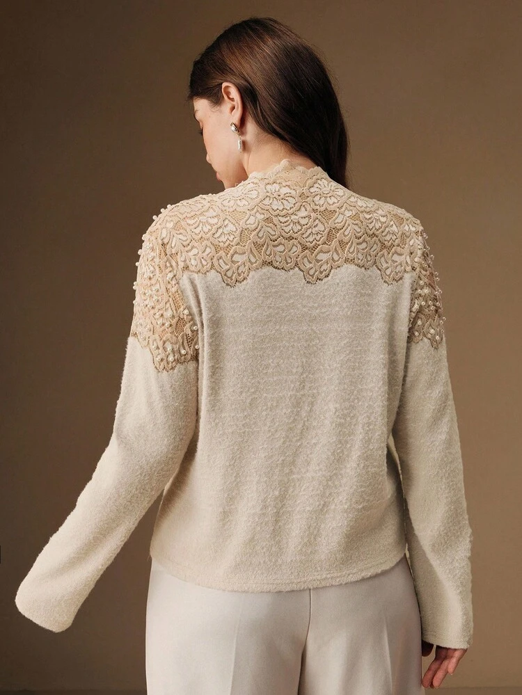 Lace Patchwork Beaded Long Sleeve Plus Size Women T-Shirt, Elegant, Chic, Stylish For Fall, Winter, New Year, Christmas, Going Out