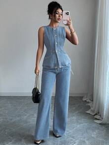 Selianne 女式休闲前扣腰牛仔上衣和牛仔裤套装，夏季 - 淺色水洗藍 - 查看 1