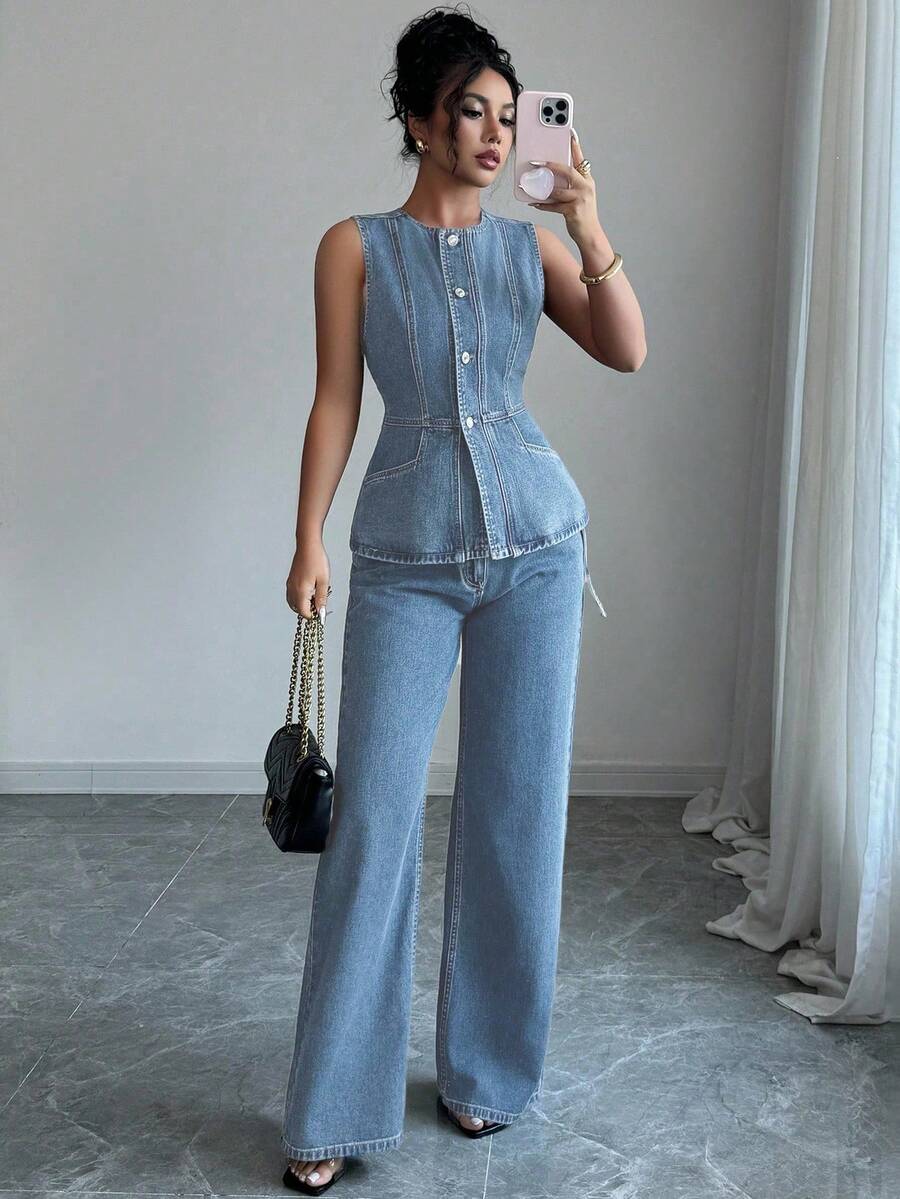 Selianne 女式休闲前扣腰牛仔上衣和牛仔裤套装，夏季 - 淺色水洗藍 - 查看 1