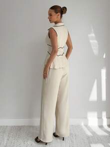 Siren Gaze Women's Summer Casual/Office Contrast Piping Sleeveless Fitted Vest And Loose Straight Leg Suit Pants Set In Fall/Winter Elegant - Apricot - View 2