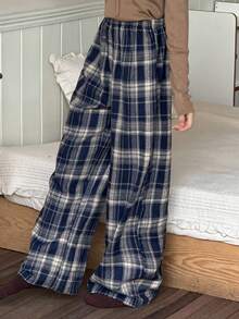 DAZY Teen Girl Loose Comfortable Plaid Straight Leg Pants, Casual Home Wear, Autumn - Navy Blue - View 2