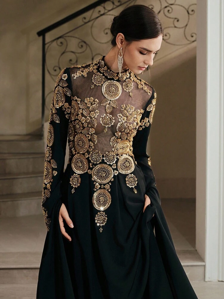 Women's New Gothic Style Chiffon Studded Pearl High Collar High-End Party Dress