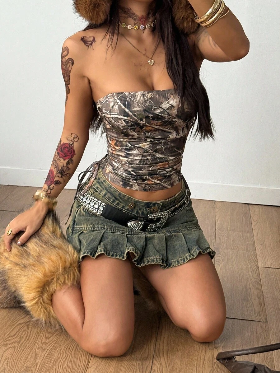 Coolane Women's Fall/All-Season Streetwear Going Out Y2K Grunge Casual Tree Branch Pattern Drawstring Tan Tube Top - Multicolor - View 1