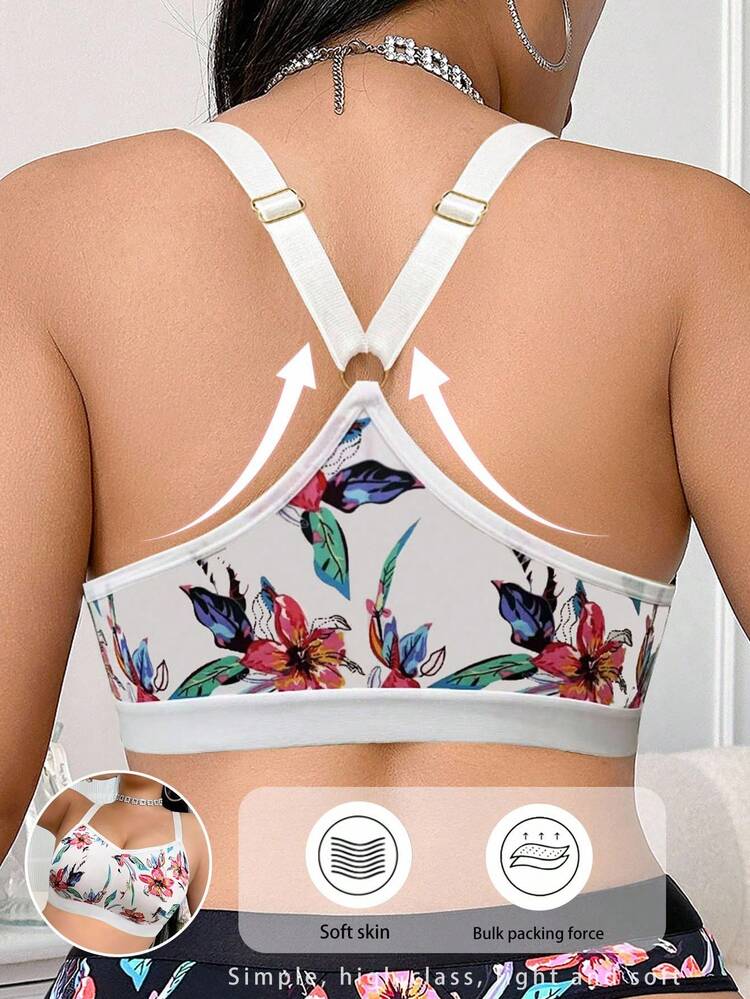 SHEIN 1 件大码花卉印花无钢圈文胸 - 彩色 - 查看 2