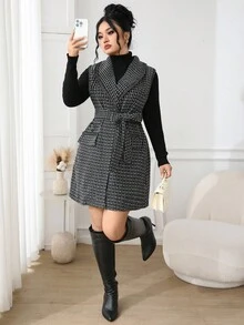 Modelyn 大码女式格子无袖披肩领优雅夹克，秋冬厚羊毛面料 - 黑與白 - 查看 5