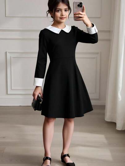 SHEIN Tween Girl Contrast Collar Keyhole Back Contrast Binding Dress