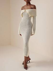 Vesra فستان كنزة صوفية طويل مناسب للربيع والخريف، ذو كتف مكشوف وقصة ضيقة، بلون أنيق