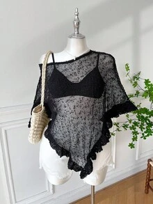 SHEIN EZwear 大码女式绿色荷叶边下摆半透明休闲钩针斗篷，适合夏季外出和约会 - 黑色 - 查看 4