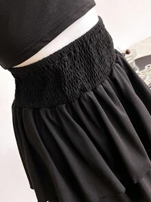 SHEIN 少女黑色麻花针织腰部双层短款迷你裙，春夏