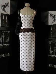 Muchica Casual Minimalist Y2K, Grunge, Retro Polka Dot Full-Length Bodycon Slip Dress, Suitable For Summer Chic Dress