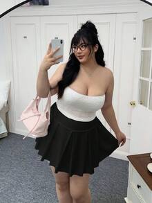SHEIN EZwear 大码纯色休闲百褶迷你裙 - 黑色 - 查看 14