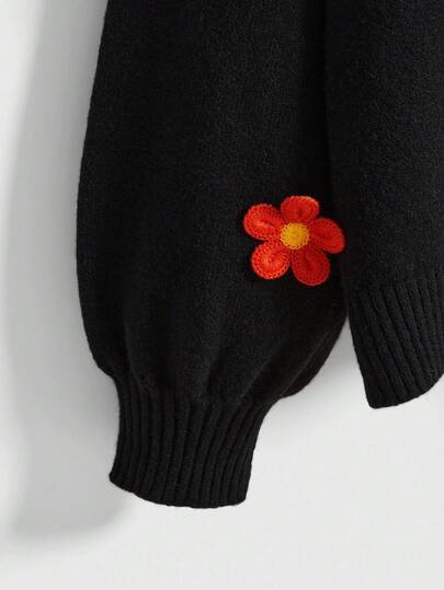 Kawaii Cárdigan holgado de punto floral 3D con cuello en V y mangas farol para mujer talla grande, color negro, estilo dulce y casual, vintage