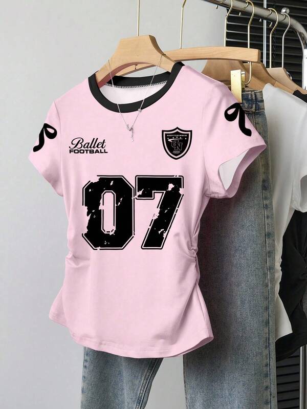 Sparklyn Sweet Black & Pink Bow Number 07 Pattern Ins Style Girls' Fitted Short Sleeve T-Shirt, Suitable For Birthday Party, Campus Sports, Daily Wear Casual Round Neck Graphicprint Short Sleeve For Teen Girls Girls Football Shirt Cute Girls Jersey Tops Girls Jersey Shirts 7t Girls Tshirts Football Shirt Girls