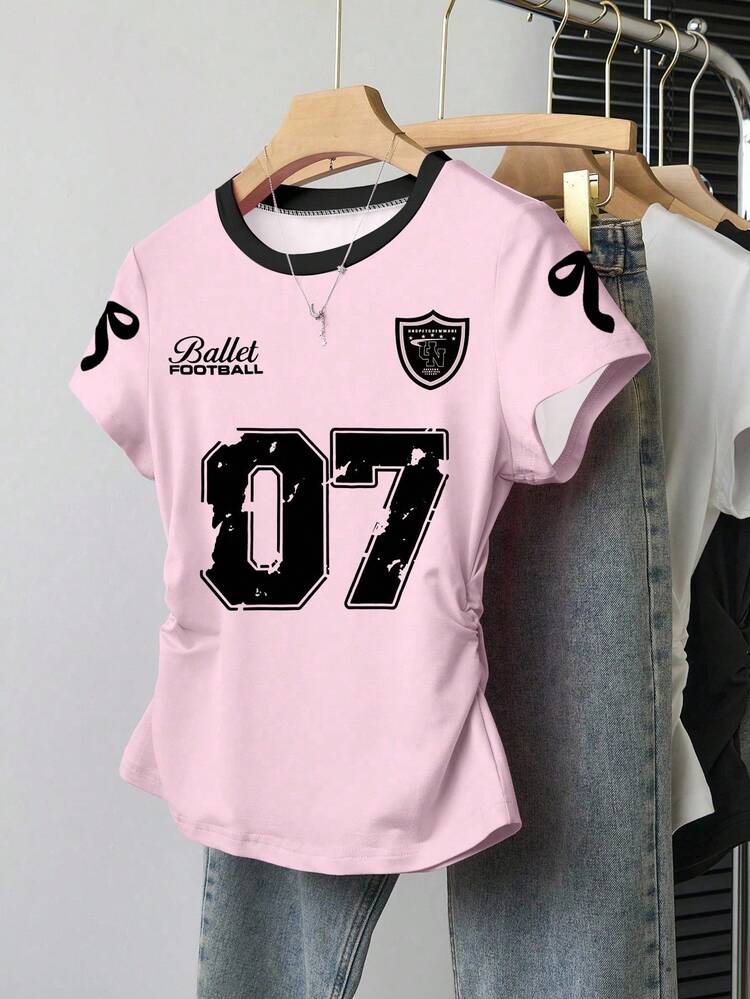 Sparklyn Sweet Black & Pink Bow Number 07 Pattern Ins Style Girls' Fitted Short Sleeve T-Shirt, Suitable For Birthday Party, Campus Sports, Daily Wear Casual Round Neck Graphicprint Short Sleeve For Teen Girls Girls Football Shirt Cute Girls Jersey Tops Girls Jersey Shirts 7t Girls Tshirts Football Shirt Girls - Multicolor - View 1