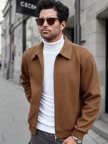 Manfinity CasualCool Men's Brown Long Sleeve Zip-Up Jacket, Suitable For Everyday Wear,Regular Style Of Men's Casual Commuting Suede Zipper Lapel Jacket,Men's Casual Commuting Suede Zipper Lapel Jacket Regular Style 2025 Autumn/Winter New Men's Outerwear