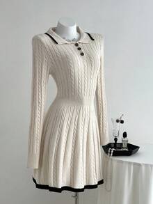 Elamini Women Contrast Color Block Button Front Waist Cinched Casual Sweater Dress Fall Winter Cloth For Women - Beige - View 3