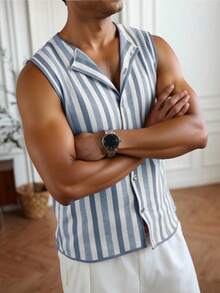 Claim Dot Contrast Stripe Sleeveless Knit Top For Men Summer , Striped Shirt - Blue and White - View 6