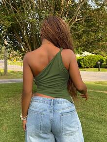 Tyla Gomez Valentine's Day Burgundy Red Twist One Shoulder Top Elegant Slim Top For Women - Army Green - View 2
