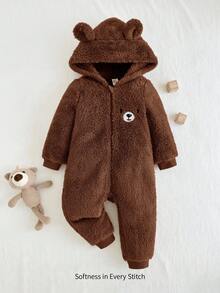 Cozy Pixies 男婴卡通兔耳朵连帽加厚羊毛连体衣，适合秋冬季室内穿着 - 棕色 - 查看 5