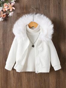 Young Girl Casual Butterfly Embossed Zip-Up Jacket, Autumn/Winter Fall - White - View 1