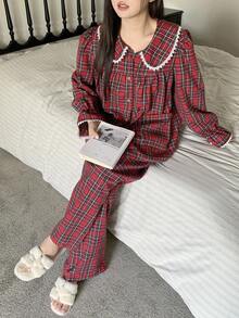 Dazy Plus 大码女式格子领喇叭袖上衣和裤子圣诞新年睡衣套装，春秋季，秋冬季服装格子睡衣酒红色睡衣套装 - 紅色 - 查看 6