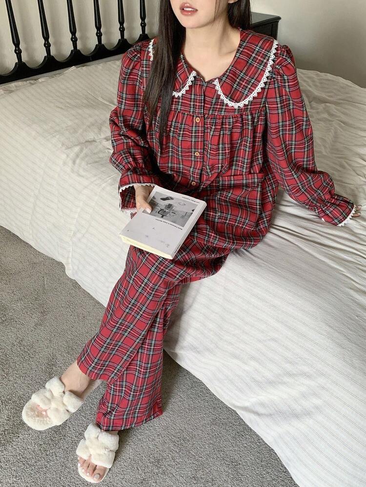 Dazy Plus Plus Size Women Plaid Collar Flare Sleeve Top And Pants Christmas & New Year Sleepwear Set, Spring/Autumn, Fall Winter Clothes Checkered Pajamas Burgundy Pajama Set