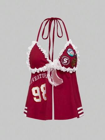 ROMWE Avant Débardeur femme style Y2K rétro, jersey, sport, ballet, sexy, avec dentelle, lettres brodées décoratives, col montant