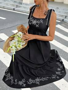 SHEIN Frenchy Women's Embroidered Tie Shoulder Maxi Dress,Black Floral Print Sleeveless Boho Summer Beach Dress,Elegant Vacation Holiday Outfits,Business Casual - Multicolor - View 1