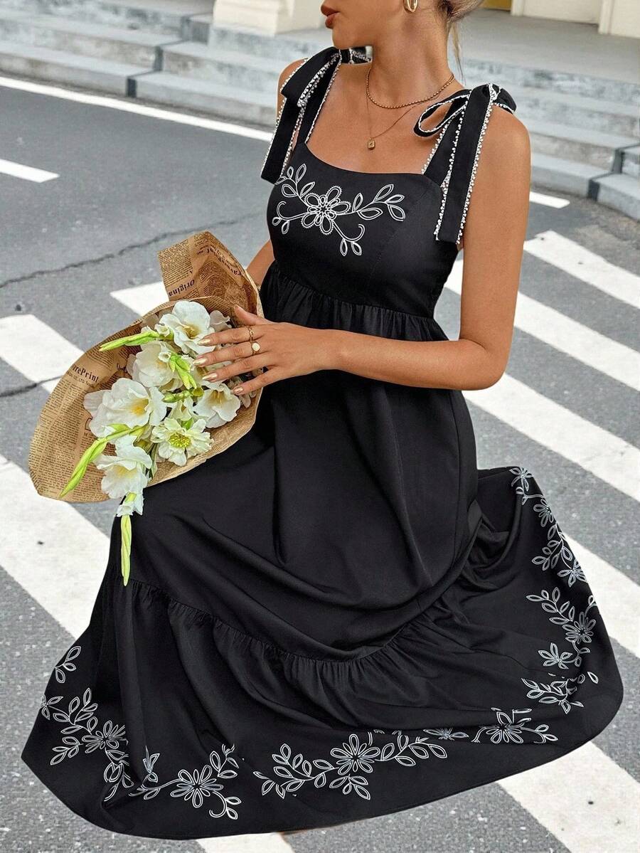 SHEIN Frenchy Women's Embroidered Tie Shoulder Maxi Dress,Black Floral Print Sleeveless Boho Summer Beach Dress,Elegant Vacation Holiday Outfits,Business Casual - Multicolor - View 1