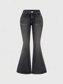 ROMWE Fairycore Quần jeans ống loe cạp trễ đính đá thêu hình xương cổ điển Y2K dành cho nữ - màu đen - Xem 2