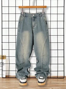 Tween Boys Jeans, Casual Streetwear Fashion, Comfortable Urban Hipster Design, Pleated, Vintage Medium Wash, Elastic Waist, Relaxed Fit Denim Pants Chic Outfits For Autumn/Winter