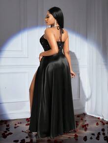 Veslaya 2025新款情人节、新年派对宴会晚会高端设计亮片拼接透明网眼缎面高开叉飘逸下摆垂坠领连衣裙 - 黑色 - 查看 3