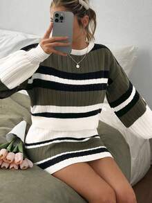 EURMUSE Ribbed Knitwear Co-Ord Set With Colorblock Striped Cropped Sweater And High-Waisted Mini Skirt 2 Piece Casual Sets Woman,Petite,Winter Clothes - Khaki - View 7