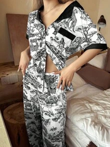 SHEIN 中国风动植物印花撞色拼布翻领短袖睡衣套装真丝睡衣套装女士睡衣套装动物印花睡衣套装女士睡衣 - 黑與白 - 查看 4
